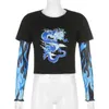 Dragon Print Y2K T-Shirts Patched Mesh Long Sleeve Fashion Women Harajuku Summer Crop Top Tops For Girls Black Tees Shirt 210510