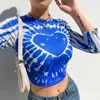 Tie Dye Sweet Heart Print Y2K T-Shirts With Three Quarter Sleeve Harajuku Women Summer Crop Top For Girls Kawaii Tees Shirt 210510