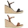 Designer Sandals Women Cord Espadrille Klin Kształcie Obcas Heels 13 CM Pompa Moda Prawdziwej Skóry Kostki Buty Pasek Czarny Najwyższej Jakości Rybak 291