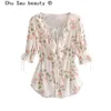 Fashion Prairie Style Chic Vintage Floral Print Top Women Sweet Bow Tie Single Breasted Ruffles Blouses Mujer De Moda 210508