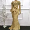 Afrikanische Lange Ärmel Spitze Meerjungfrau Abendkleider Aso Ebi Gold Perlen Prom Kleid Robe De Soiree Off Schulter Formale Party kleider