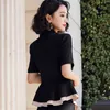 High-End Professional Blazer Women Summer Formal Short Sleeve Hem Ruffle Slim Jacket Office Ladies Work Clothes 210604