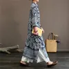 Johnature Women Vintage Sukienka Stojak Z Długim Rękawem Niebieski i Biały Porcelanowy Chiński Styl Cheongsam Bawełniana Pościel Dress Dress 210521