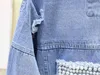 FORSE U Donna Giacca corta corta blu Maniche lunghe Giacche di jeans Perline Pearl Seven 7 C0078 210529