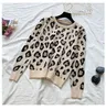 Mode höst vinterkvinnor passar leopard stickad o-collor pullover tröja och byxor två styck set 210519