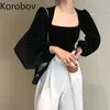 Korobov coréen Chic manches bouffantes femmes Blouse Vintage élégant col carré velours Mujer Blusas OL noir Blusas Femininas 79408 210430