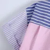 女性スウィートパッチワークストライププリントピンクショートスモックブラウス女性裾ちょう結び抽選シャツシックな作物トップ210520