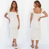 Letni styl z krótkim rękawem z krótkim rękawem Drint Lace-Up Hem Sukienka Kobiety Sexy Square Collar Backless Maxi Femme 210517