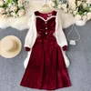 Singreiny Elegant Retro Velour Dress Kvinnor Splice Dot Puff Sleeve V Neck A-Line Klänningar Höst Koreansk Fashion Velvet Midi Dress 210419