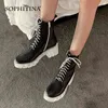 Sophitina mulheres botas casuais de couro genuíno desgaste-resistente ao desgaste zíper de zíper botas redondas salto alto sapatos de senhoras SO777 210513