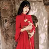 Yosimi Outono Vestido Vermelho Maxi elegante Chiffon Mulheres Longas Stand Neck Fit e Flare Meados-Bezerro Borboleta Manga 210604