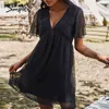 Sexy v-neck loose solid Spring summer high waist ruffled short sleeve women Comfortable holiday style dress 210414