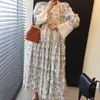 Women White Print Patchwork Long Dress Round Neck Lace Flare Sleeve Loose Fashion Spring Summer 2F0626 210510