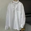 Белые элегантные рубашки для женщин стойки воротник с длинным рукавом асимметричные прямые блузки женские весенние мода одежда 210531