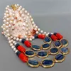 Y·YING Natural 3strands Blue Kyanite Red Coral Real White Pearl statement Necklace Female Jewelry 18"