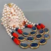 Y · ying natuurlijke 3strands blauw kyanite rode koraal echte witte parel verklaring ketting vrouwelijke sieraden 18 "