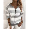 Kobieta Zipper Tshirts Christmas Print Fashion Casual O-Neck Z Długim Rękawem Elegancki Top Pullover T-Shirt Streetwear Kobieta Plus Size X0628