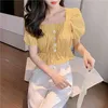 Summer Vintage Short Sleeve Puff Solid Fashion Women Blouses Square Collar Sweet Chiffon Blouse Ropa De Mujer 10023 210508