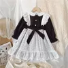 Herfst winter meisje corduroy prinses jurk witte kant lange mouw riem voor baby meisjes schattige peuter kinderkleding 210615