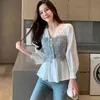 Talla grande Sólido Blanco Camisa de manga larga Moda Oficina Tops Estilo coreano Empalmado Gasa Mujer Blusa con cuello en v Camisa femenina 689G 210420