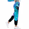 Kvinnor reflekterande långa byxor med fickor hög midja lösa holografiska patchwork byxor klubb dans jogger clubwear 210915