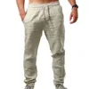 Mens Linen Straight Leg Trousers Elastic Waist Retro Summer Casual Yoga Pants G0104