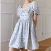 Women Dress Flower Pearl Bow Puff Sleeve Dresses Temperament Fashion Summer Arrivals 2H704 210526