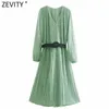 Zevity Women Vintage V Neck Dots Print Sashes Pleated Midi Dress Femme Chic Puff Sleeve Casual Slim Summer A Line Vestido DS8141 210603