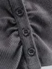 Womengaga Dames V-hals Button Front Lange Mouwen Crop Top met Ruched Detail Volledige T-shirt Zomer Tops Koreaanse QD5W 210603