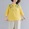 Damskie bluzki Koszulki etniczne Haft Botaniczny Koszula Botaniczna Pół Rękaw Stojak Kołnierzy Casual Blusas Mujer 2022 Vintage All-Match Yellow Red