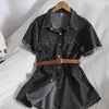 Fashion Denim Korean shirt dress jacket spring summer casual denim bag hip vintage solid color pocket mini with belt 210420