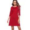 Nizza-für immer Kausal Elegante Feste Rote Farbe O Neck Vestidos 3/4 Überzogene Ärmel Arbeit Frauen Gerade Shift Kleid T028 210419