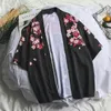 Unisex chiffon blus kimono cardigan personlighet tryck sommar kvinnor lång avslappnad lös strand sju ärmstoppar kvinnors blusar skjortor