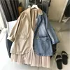 Spring Long Sleeve Sweet Women Jacket Casual Ladies Office Coat Mesh Stitching Denim Fake Two-piece Khaki 210510