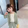 Spring cute girls solid color pit clothes sets children loose knit cardigan and suspenders Tee 3pcs 210615