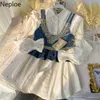 Neploe Ropa de Mujerデニムベストハイストリートスーツ女性春ファッションホワイトシャツドレス長袖ツーピースセット女性210422