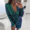Yeşil Payetli Kulübü Elbise Seksi Bölünmüş Uzun Kollu Mini Bahar Kadın Elbise Zarif Artı Boyutu 5XL Parti Kısa Vestido Femme 210507