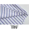 TRAF女性のファッションオフィスの縞模様の緩いブラウスヴィンテージ長袖ポケット女性のシャツシックなトップス210415