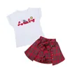 Klädsuppsättningar för barn Casual Girls Letter Print Tee Shirt + Bow Plaid Skirt Pants Sommarkläder 210622
