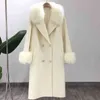 OFTBUY Real Fur Coat Winter Jacket Women Natural Fur Collar Cashmere Wool Blends Long Outerwear Ladies Streetwear 211130