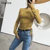 O Neck Pullover Langarm T-shirt Frauen Slim Fit Frühling Solide Alle Match Tees Kordelzug Spitze Up Lady Top 210422