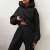 Hoodies Two Piece Set Women Long Sleeve Solid Casual Pocket Pullover Suit Spring Elastic Sports Pants Female Tracksuit 211105