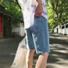 Harajuku sommar män casual shorts denim mens kort hål rakt lös tunn knapp fickan mode manlig koreansk stil ny trendig x0628