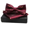 Men Woven Pre Tied Bow Tie Silk Blue Animal Butterfly Pocket Square Gift Box Set Adjustable Formal Wedding Party Bowtie