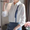 Профессиональные OL белые топы Элегантная осень мода полоса рубашка офис леди шифон с длинным рукавом рубашки женские блузки 10613 210518