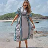 Bohemian Women Summer Beach Dress Swim Wear Cover Up Polyester Tunika Sexig V-Halsrock Caftan Bikini Cover-Ups Pareo Q927 210420