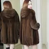 Jesień Zima Imitacja Norek Aksamitna Płaszcz Kobiety Grube Ciepłe Outwear Z Kapturem Mid Długość Faux Fur Coat Kobiet Parka D369 210925