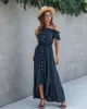Moda Ruffled Bayan Elbise, Tek Kelime Yaka, Düğme Bağlı Uzun Etek, Düzensiz Backless Sokak Stili Etek XL 2XL 210623