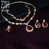 Smycken sätter lyxdesigner armband kvinnors uppsättning bröllopsfest vatten droppe röd kristall halsband örhängen ring högkvalitativt indiskt guld