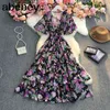 Yaz bohem v yaka parlama kol elbisesi yüksek bel pileli fırfırlar patchwork baskı uzun a-line büyük etek elbise 210715